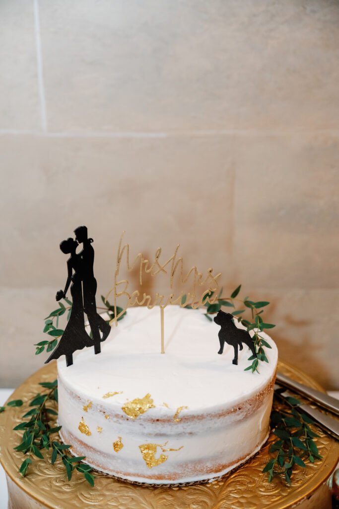 single tier naked wedding cake with custom cake topper