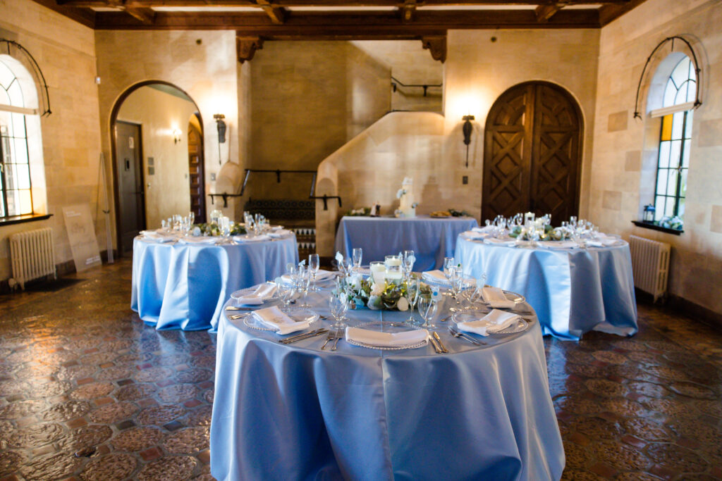 indoor blue and white wedding reception at Powel Crosley Estate