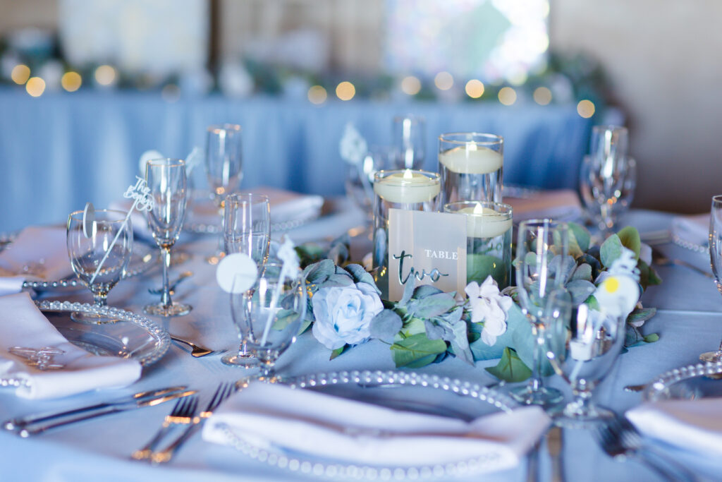 blue and white wedding tablescape by Precious Moments Events