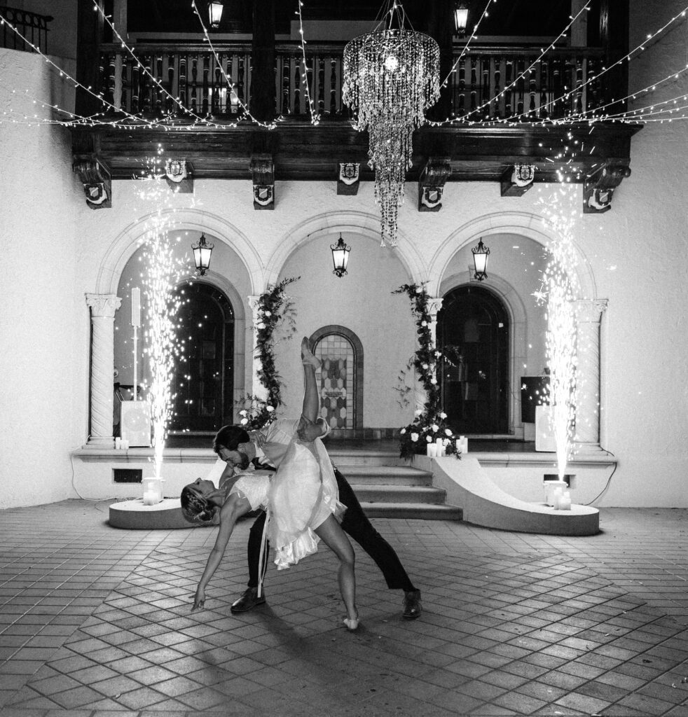 bride and groom dancing in front of sparklers 