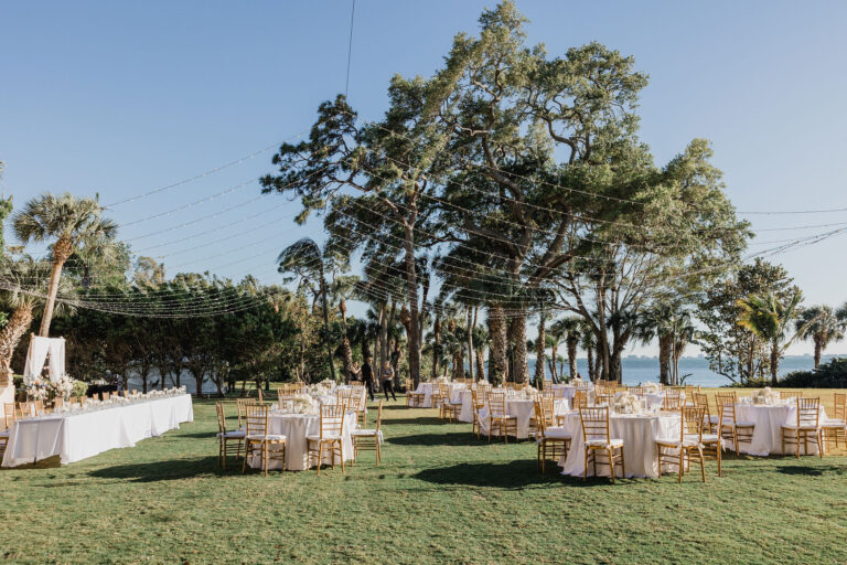 wedding reception with stringed lights at Powel Crosley Estate