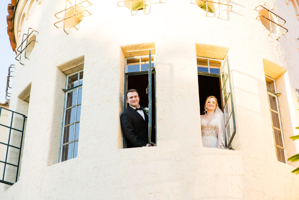 bride and groom at Powel Crosley Estate tower