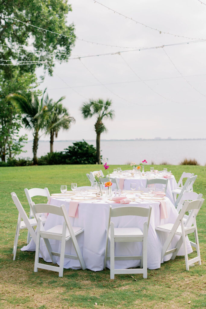 pink themed outdoor wedding reception at Powel Crosley Estate by Precious Moments Events