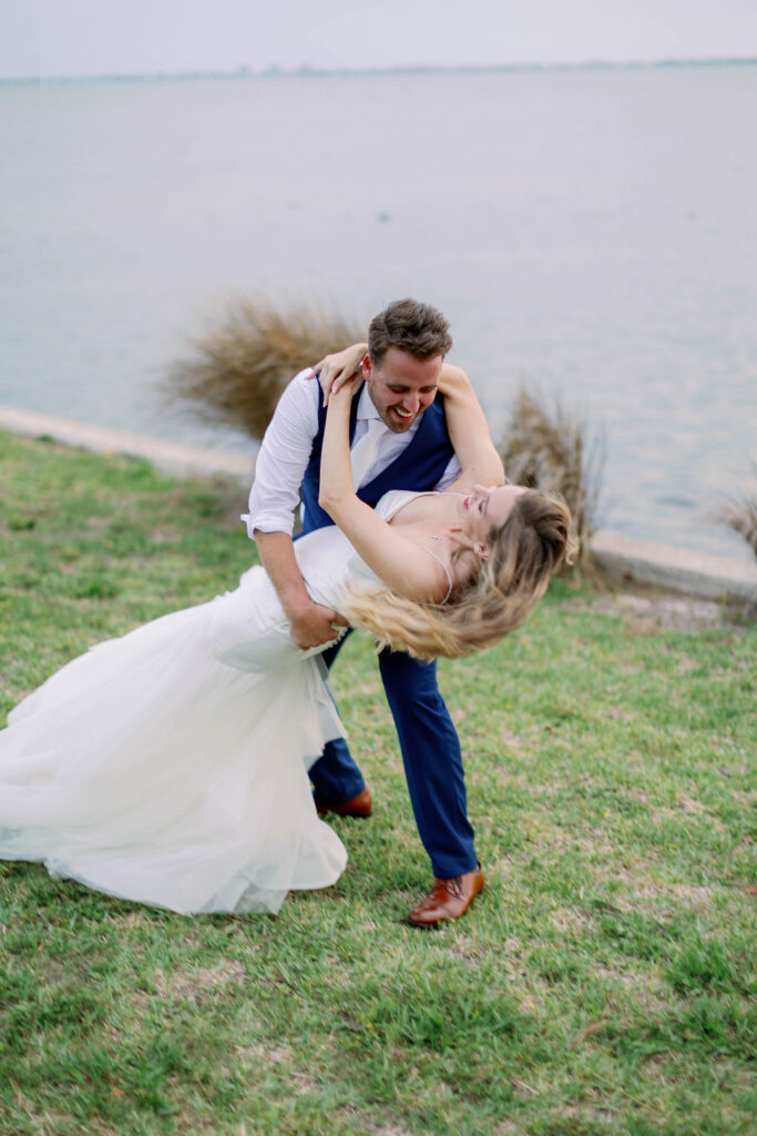 bride and groom portraits on the Florida coast at Powel Crosley Estate