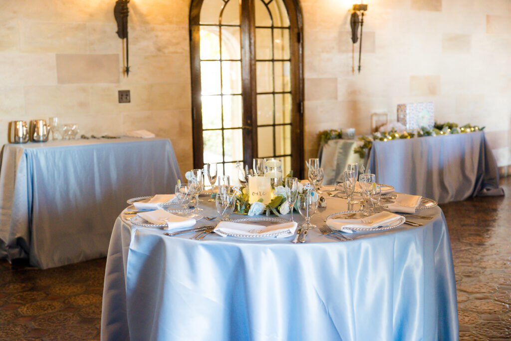 blue linens for blue and white wedding reception