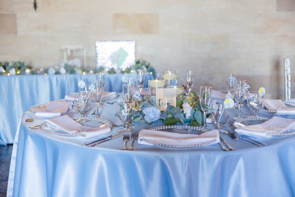 blue and white wedding reception by Precious Moments Events