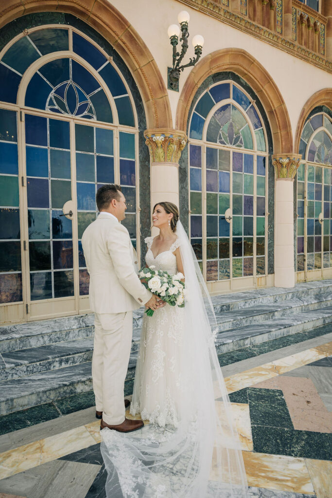 bride and groom at Ringling Ca' d'Zan for their wedding