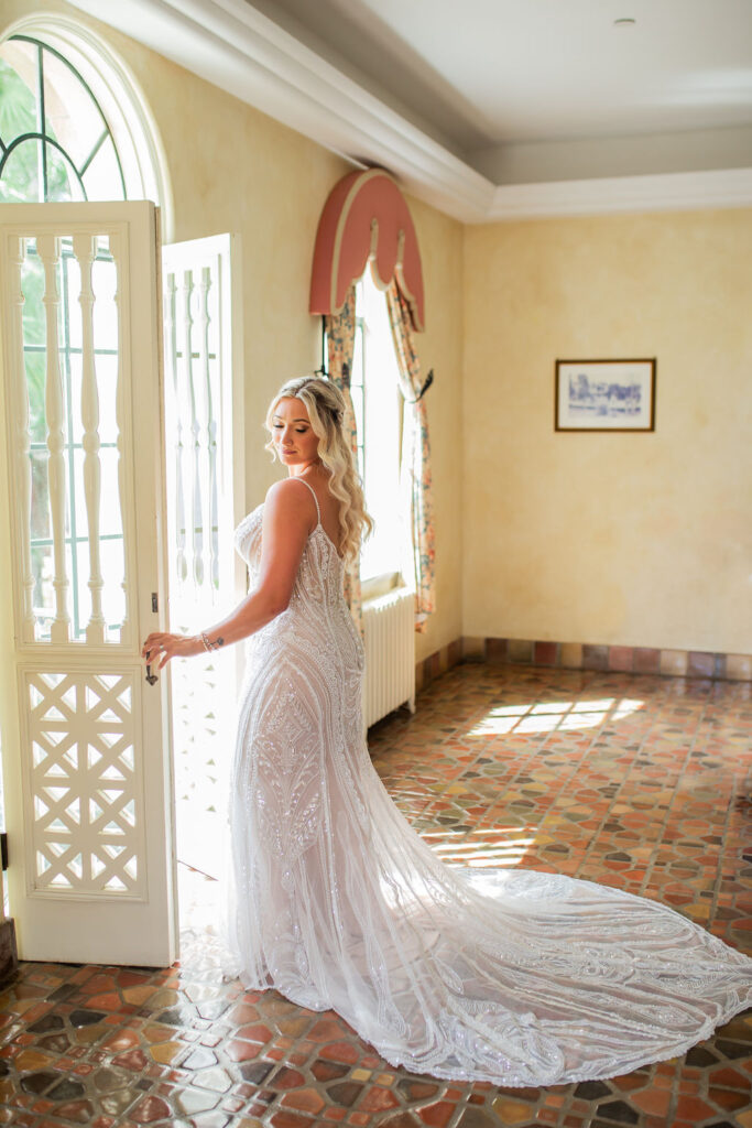 bride in elegant embroidered gown at Powel Crosley Estate