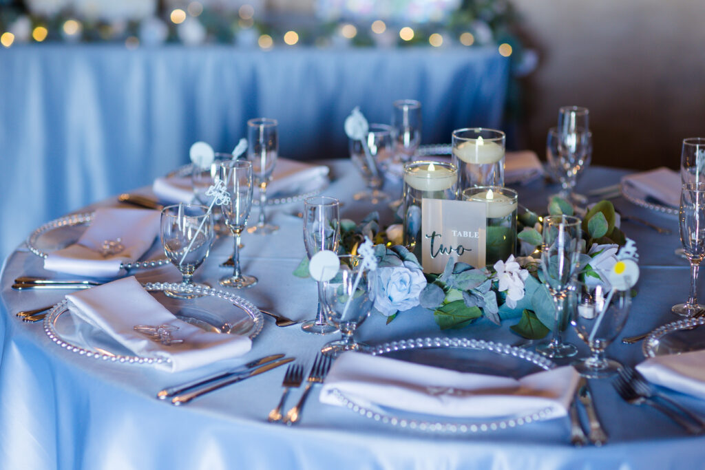 blue wedding tablescape at Powel Crosley Estate wedding