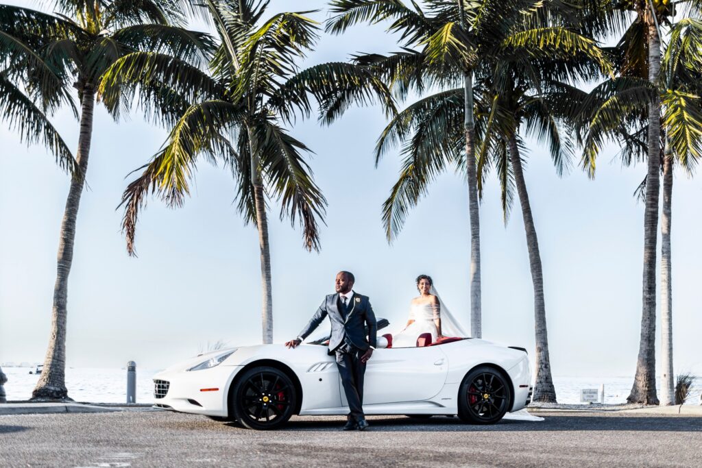 bride and groom portraits with classic car