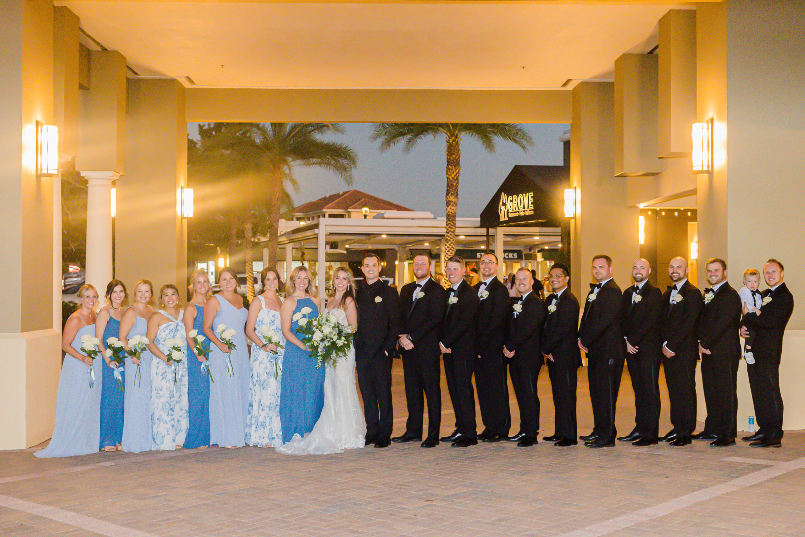 wedding party in different shades of blue and black