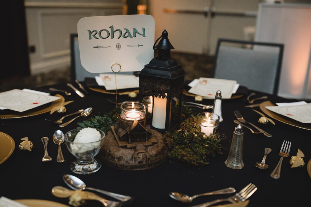 Lord of the Rings inspired wedding tablescape at Grove wedding by Precious Moments Events