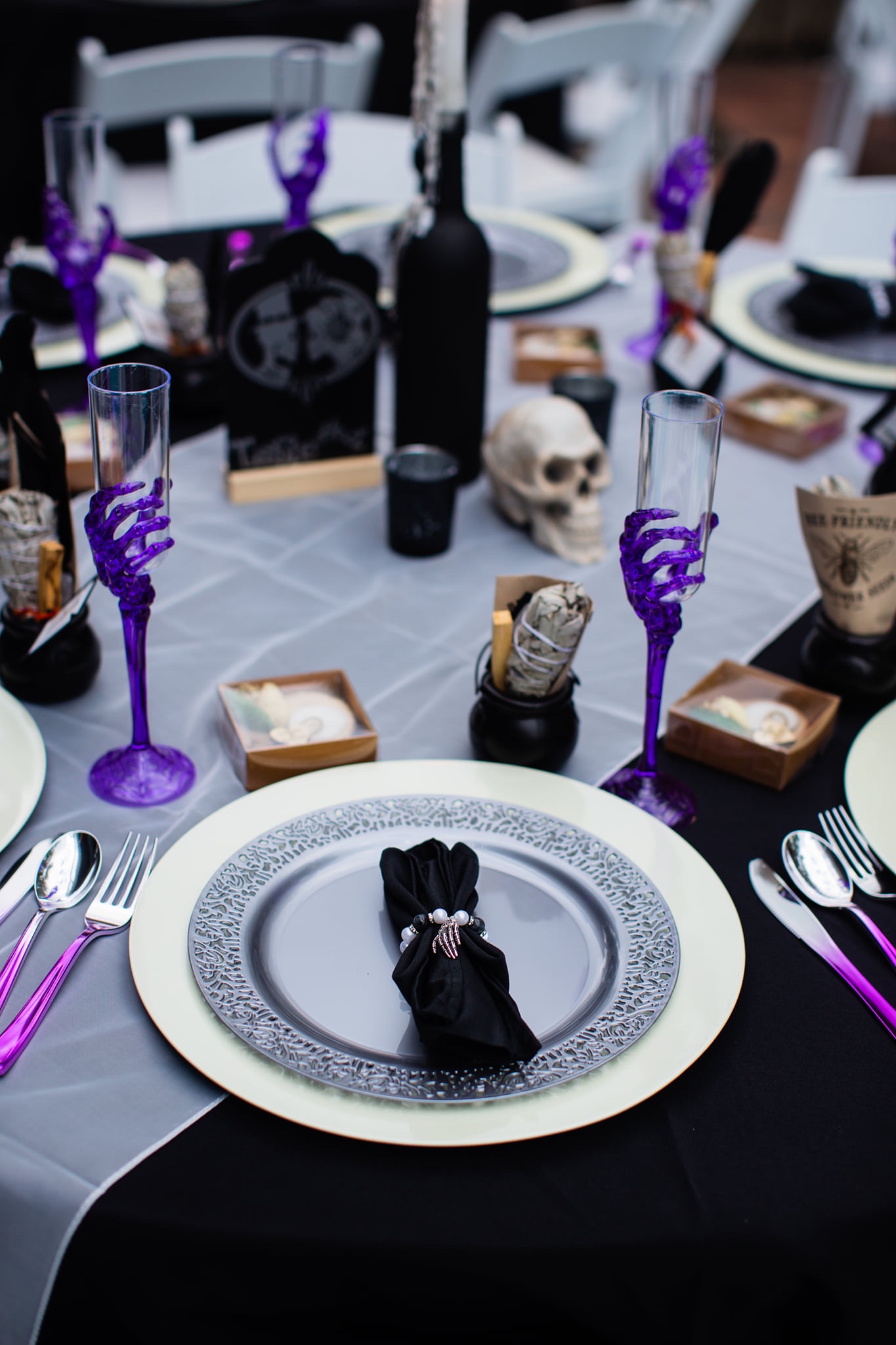 Halloween themed wedding tablescape by Precious Moments Events