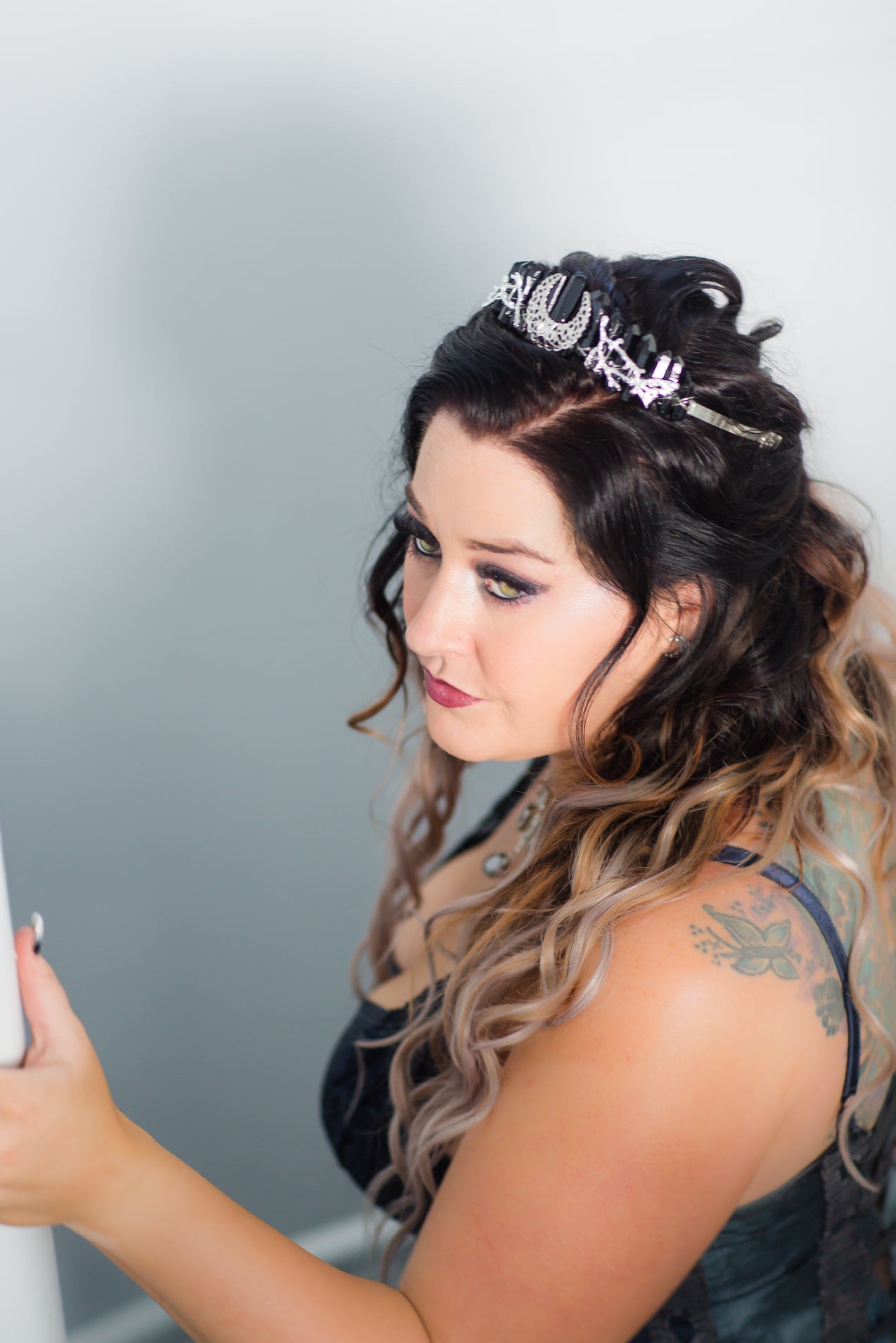 bride in gothic wedding headpiece