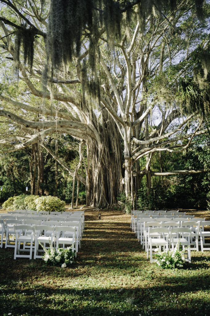 wedding ceremony under a large tree at Powel Crosley Estate