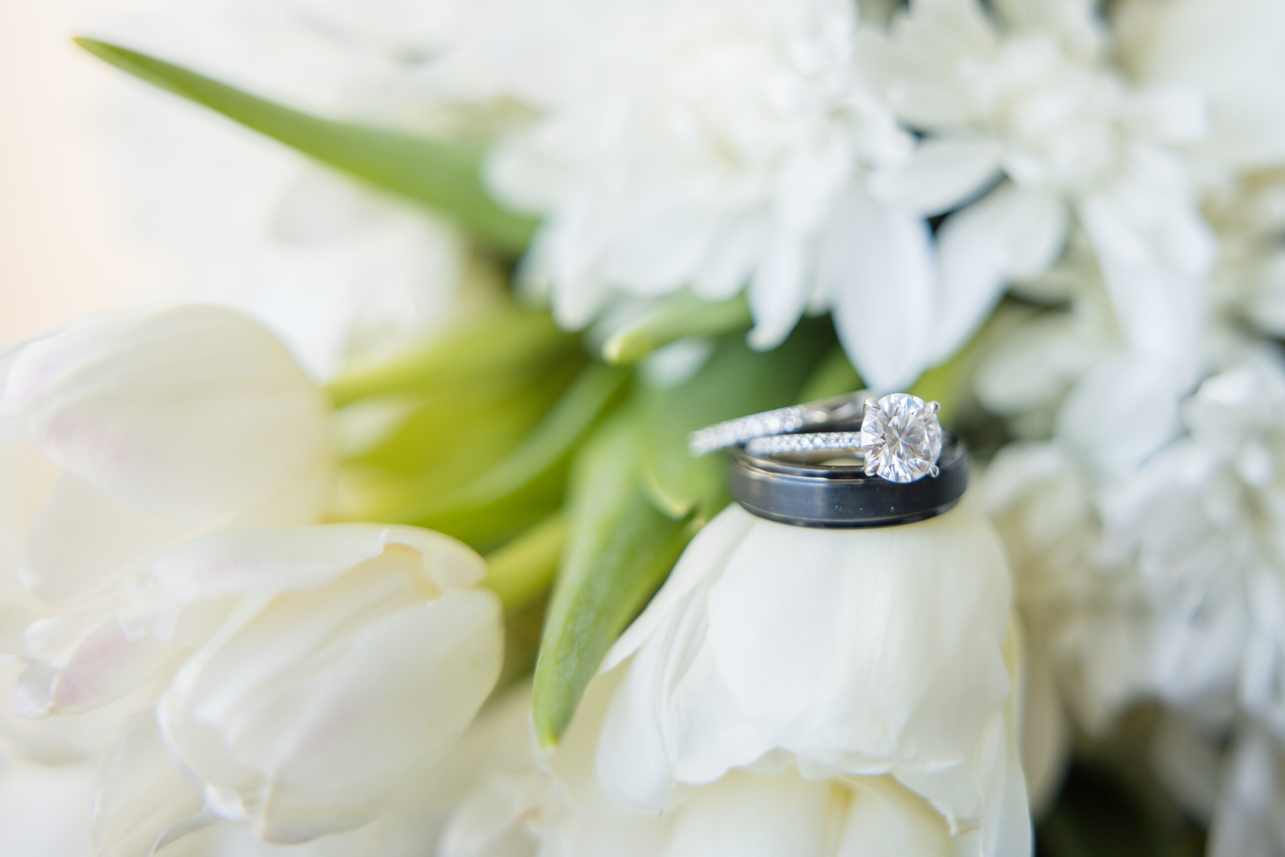 circular wedding engagement ring on white roses