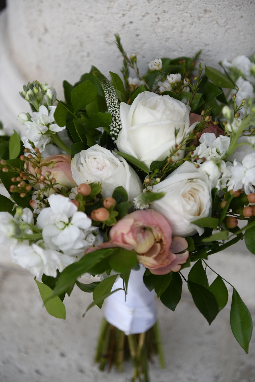 white and pink floral bridal bouquet