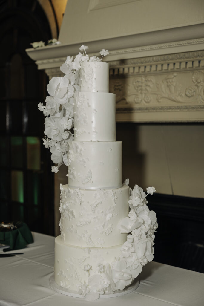 classic white wedding cake with floral accents