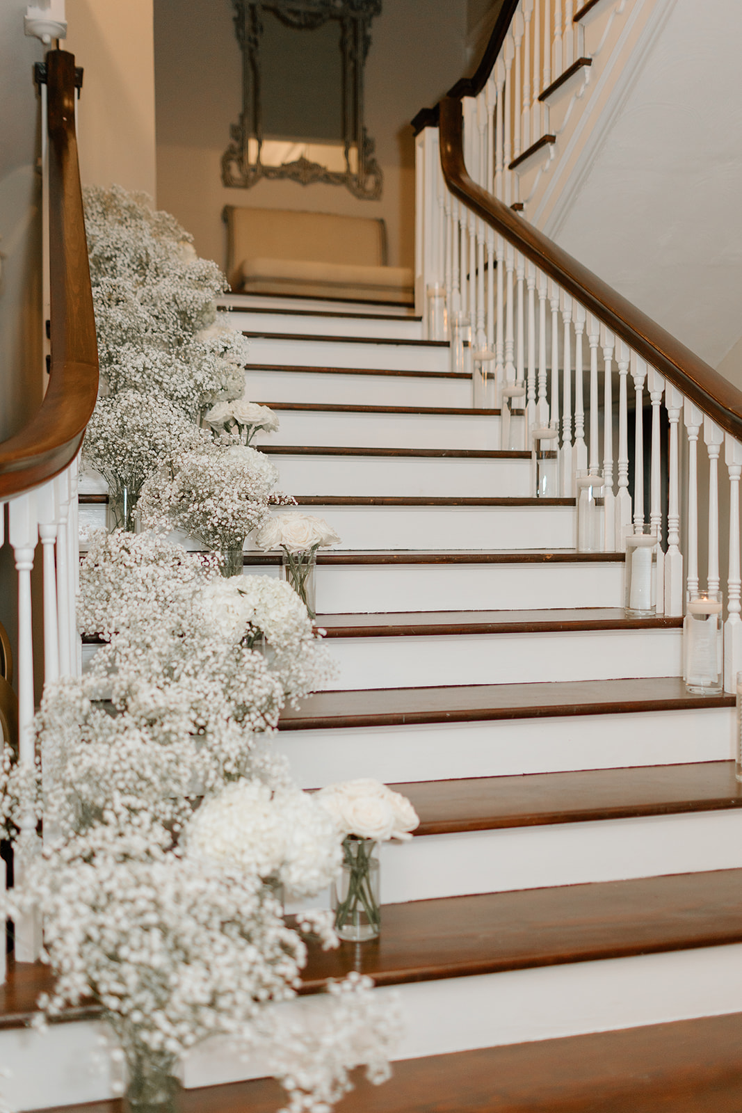 the stairs at The Orlo decorated for a wedding