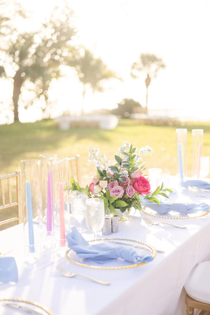 blue and pink wedding tablescape by Precious Moments Events