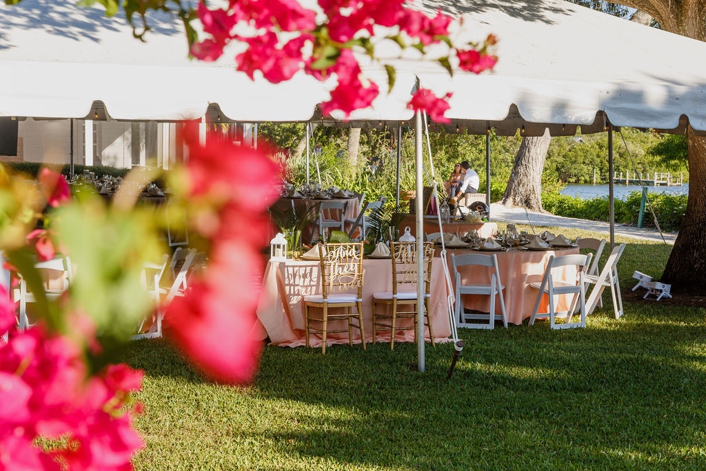 tented outdoor wedding reception at Marie Selby Spanish Historical Point by Precious Moments Events