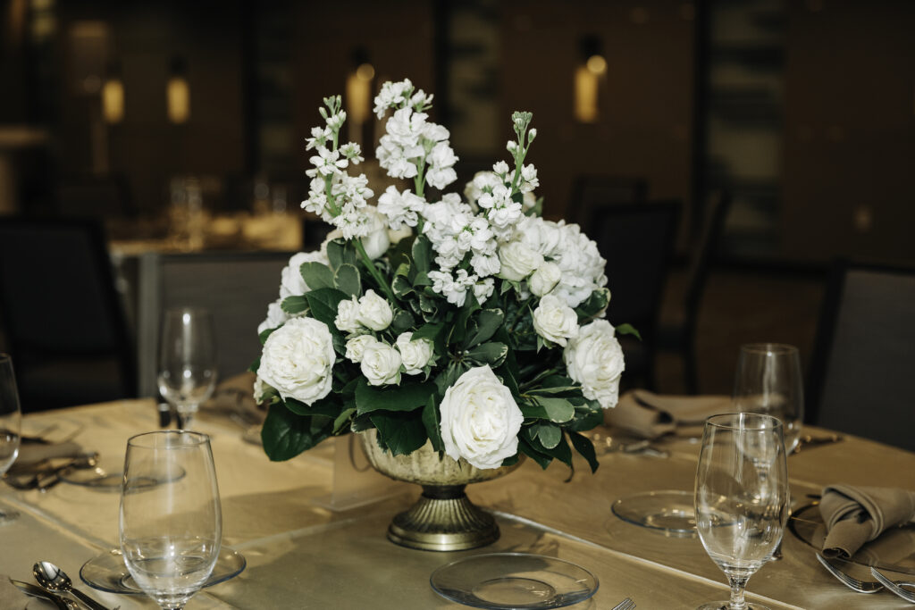 white floral and greenery wedding centerpieces by Precious Moments Events