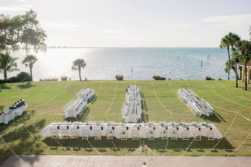 view from balcony at Powel Crosley Estate of outdoor wedding reception